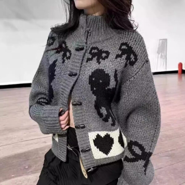 Pattern Stand Collar Knitted Coat For Women
