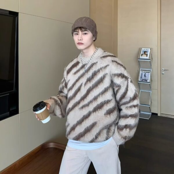 Zebra Stripe Retro Cardigan Men's Loose Knit Sweater